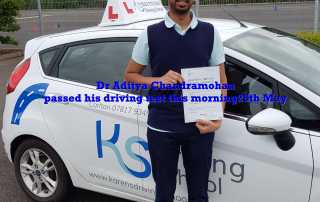 Dr. Aditya Chandramohan passed his driving test this morning 25th May in Shrewsbury